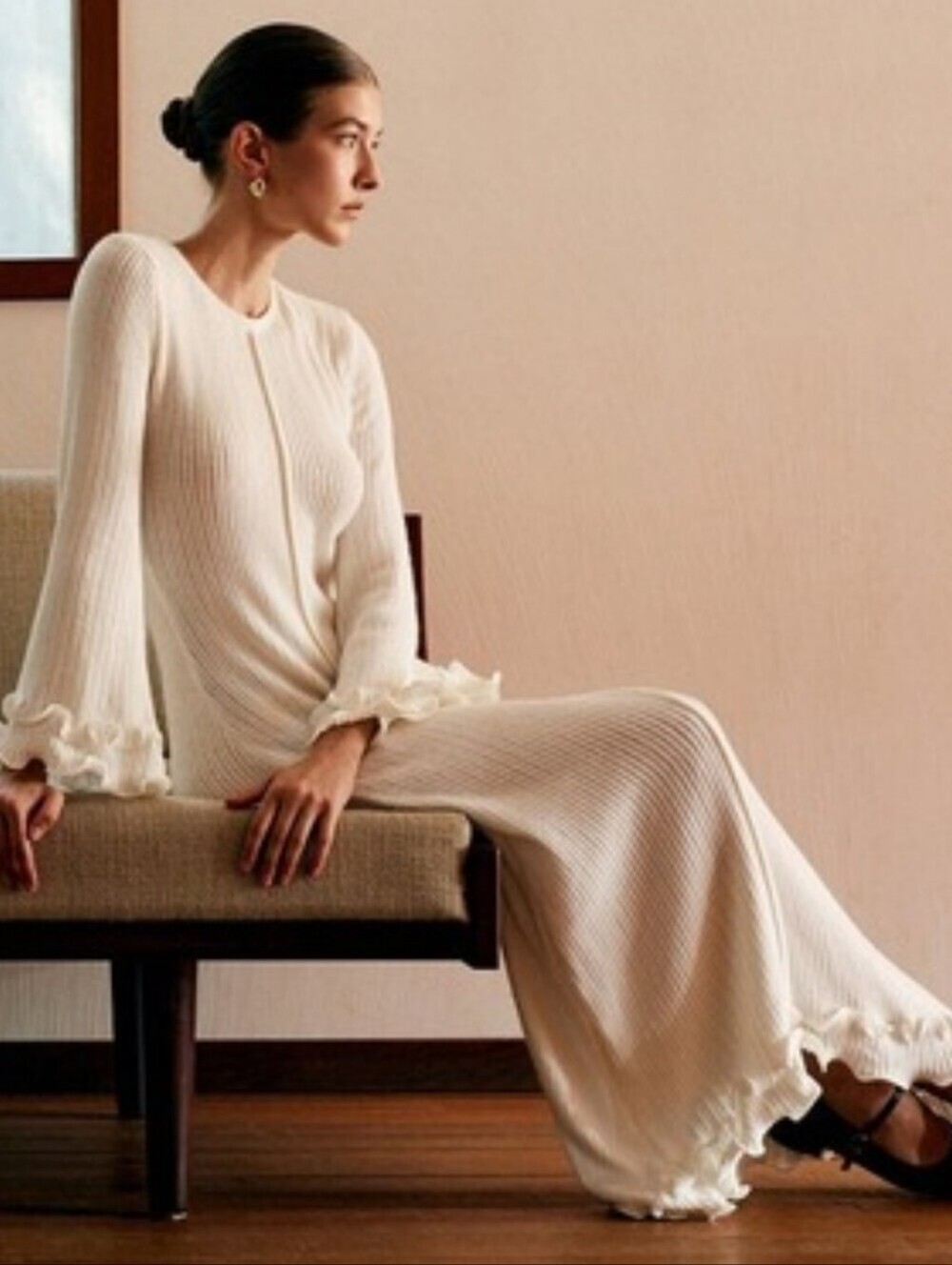 Commense NWT Semi-Sheer Piping Ruffle  Knit Dress White Size Large New